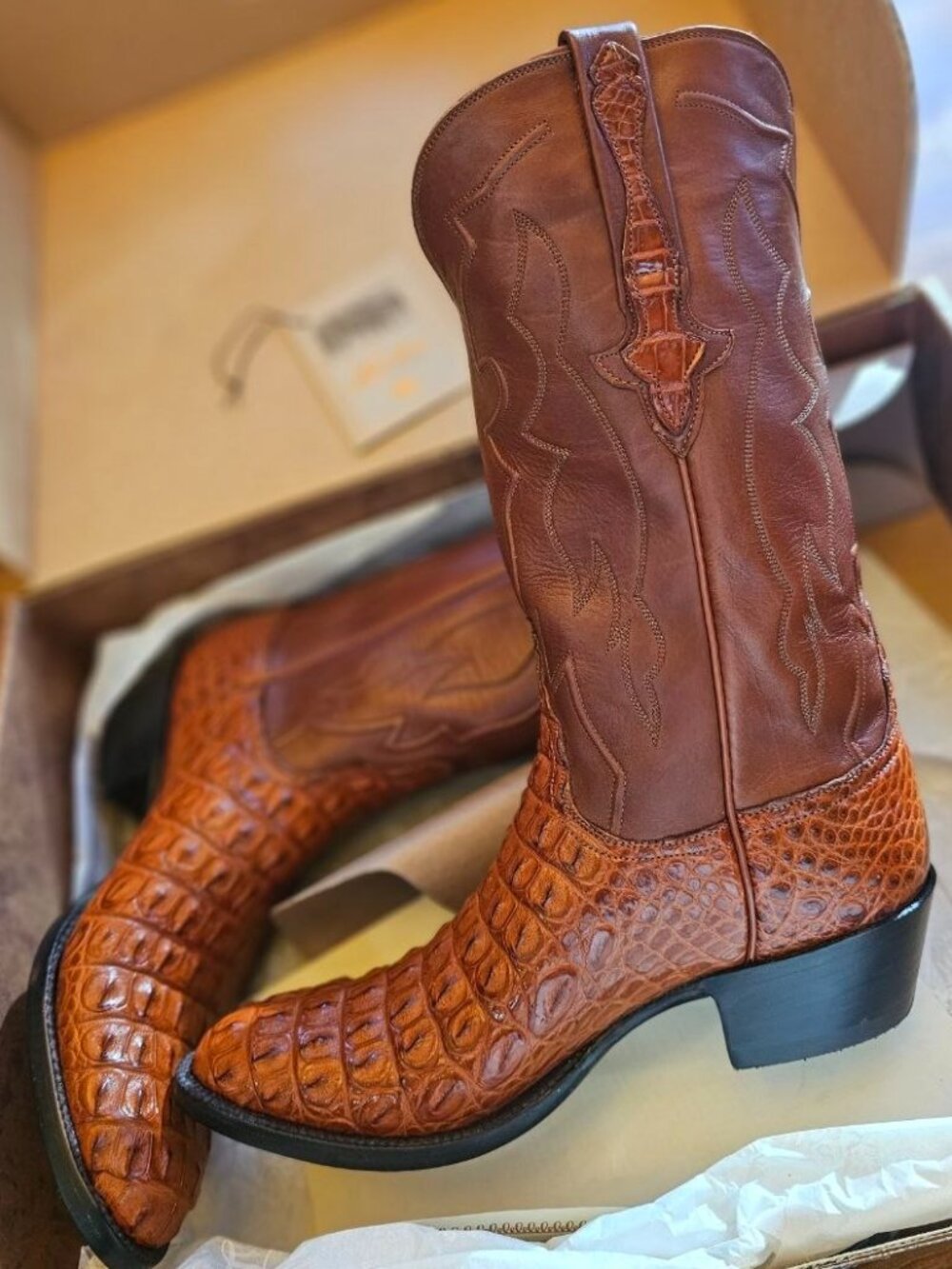 LUCCHESE CLASSICS COWBOY CROCODILE BOOTS COGNAC SIZE MENS 8.5D - HANDMADE